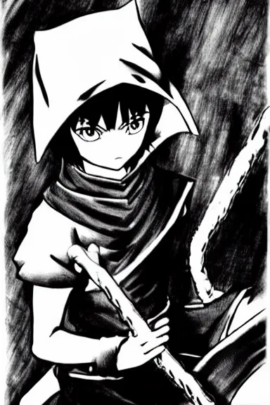 Image similar to attractive little boy wearing an ninja suit, black and white artwork made by kentaro miura and yoshihiro togashi