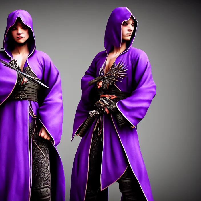 Prompt: photograph of a real-life beautiful assassin with ornate purple robes and daggers. Extremely detailed. 8k
