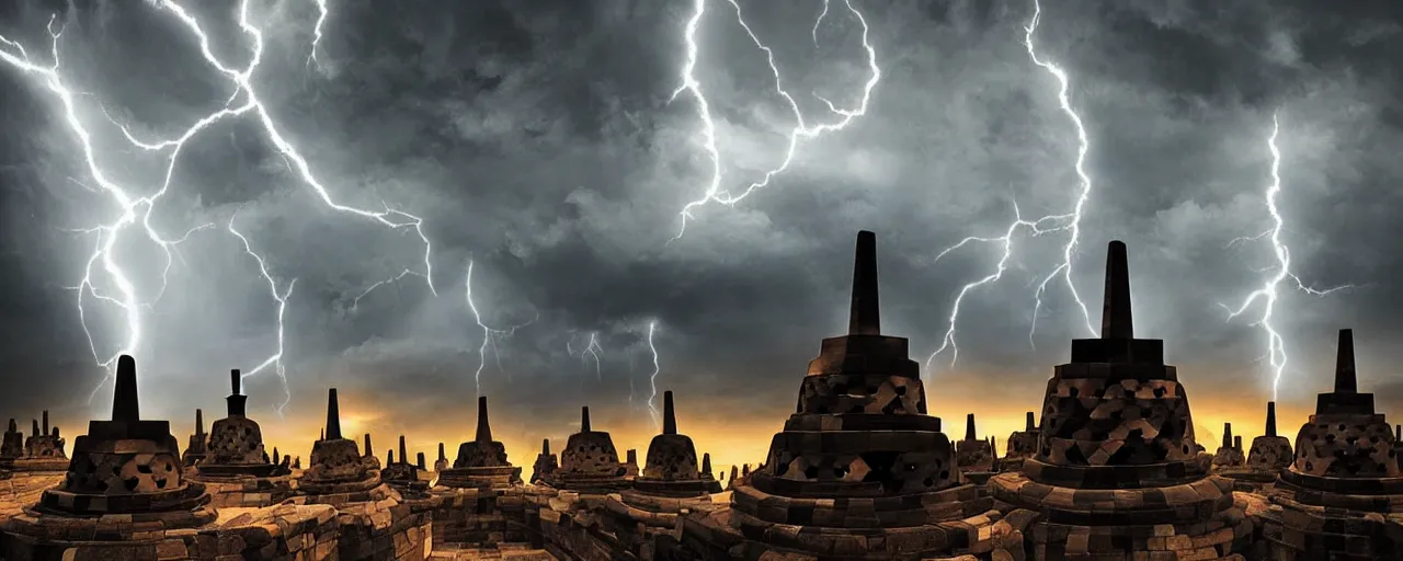 Image similar to most epic dramatic borobudur temple at night picture, eerie stormy night sky and lightnings. night photography. epic cinematic hyperrealism masterpiece. realistic poster with shaded lighting by craig mallismo, artgerm, jeremy lipkin and michael garmash, unreal engine, radiant light, detailed and complex environment, digital art, art station trends