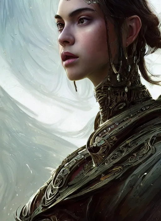 Image similar to a professional portrait of a beautiful young female, clothed in ethereal battle armor, olive skin, long dark hair, beautiful bone structure, symmetrical facial features, intricate, elegant, digital painting, concept art, smooth, sharp focus, finely detailed, illustration, from Valerian and the City of a Thousand Planets, in the style of Ruan Jia and Mandy Jurgens and Artgerm and Greg Rutkowski and William-Adolphe Bouguerea