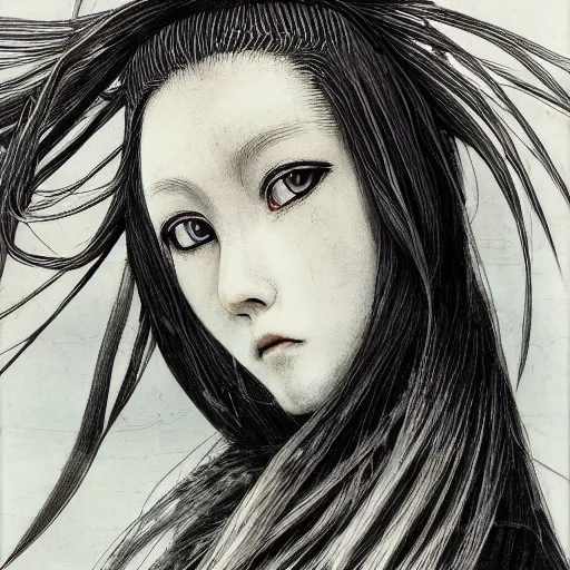 Image similar to Yoshitaka Amano realistic illustration of an anime girl with black eyes, wavy white hair fluttering in the wind and cracks on her face wearing Elden ring armour with engraving, abstract black and white patterns on the background, noisy film grain effect, highly detailed, Renaissance oil painting, weird portrait angle, blurred lost edges, three quarter view