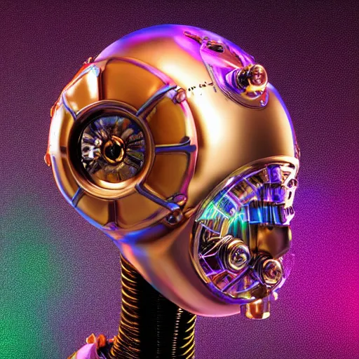 Image similar to a glossy claymodel of a steampunk robot head, top of the head is covered with wires and multicolored glowing tubes, 8 k, front view, symetrical, flourescent colors, halluzinogenic, multicolored, insanely detailed, 3 d render, octane