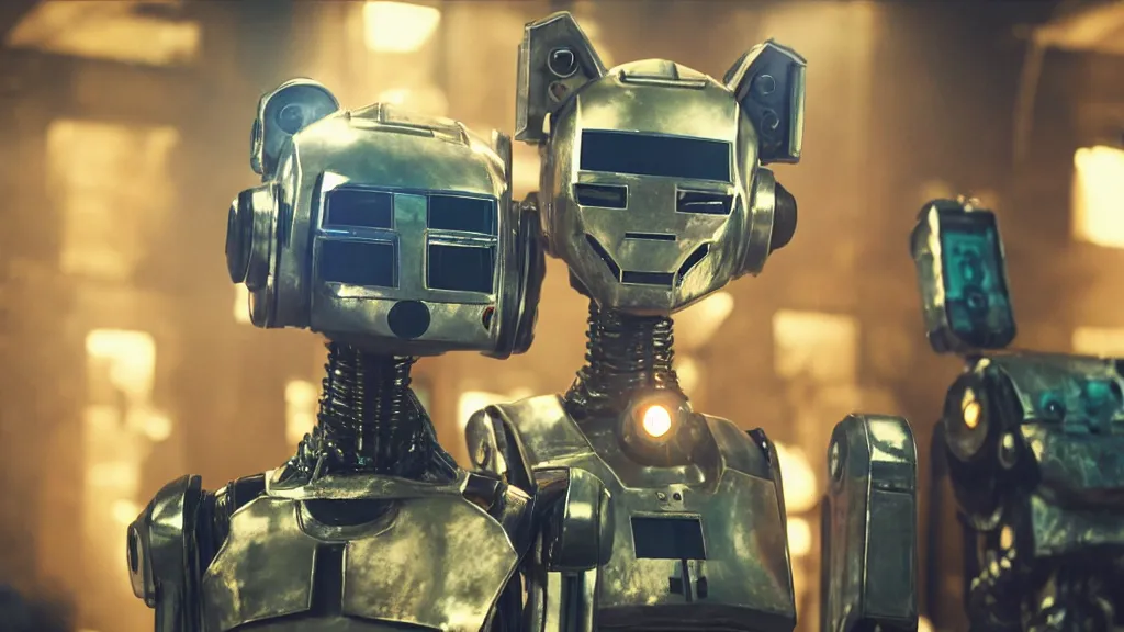 Image similar to film still from the movie chappie of the robot chappie shiny metal indoor dance party rave scene bokeh depth of field several figures furry anthro anthropomorphic stylized cat ears head android service droid robot machine fursona