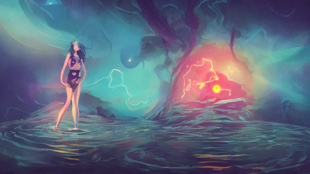 Image similar to one beautiful whimsical goddess standing in a lake basking in the moonlight, underneath a multi-colored binary blackhole with an accretion disc, glowing trails following her arms, acidwave, by Lois van Baarle, by Greg Rutkowski, by artgerm, by beeple, by studio ghibli, cinematic angle, volumetric lighting, 4k resolution, octane render, trending on artstation, masterpiece