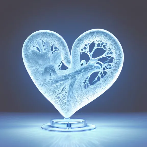 Prompt: a medical illustration of a human heart, beautiful shaped glass sculpture made of icy snowy frosted glass with light blue white tint. studio lighting, high resolution, high quality, very detailed, sculpture on a pedestal