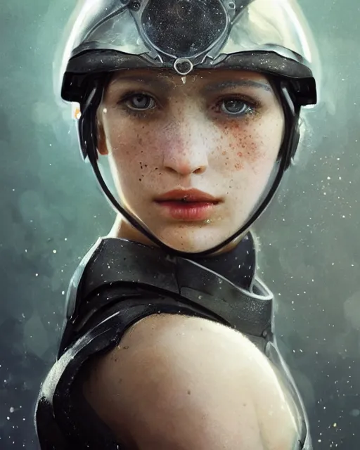 Prompt: olivia wearing a round aquarium as helmet, half body portrait, 3 d animation, black hair, freckles, pale skin, photo by greg rutkowski, risque fashion, femalec beauty, intricate detail, elegance, sharp shapes, soft lighting, vibrant colors, masterpiece