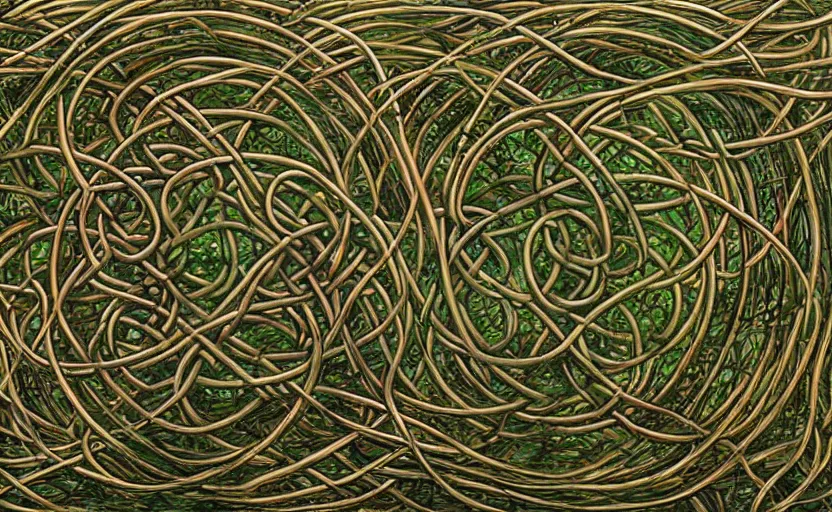 Image similar to a network of thick vines intertwined in the shape of a Celtic knot, central composition, in the style of Peter gric and Hannah yata 8k