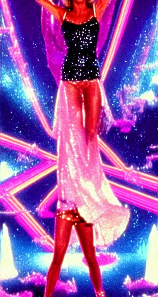 Image similar to Olivia Newton John in the movie Xanadu ascending to neon heavens, sparkle in the background