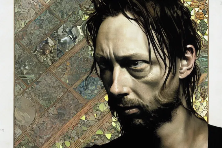 Image similar to hyper realistic portrait of ( ( ( thom yorke ) ) ) singer songwriter, side, liminal space, by lee bermejo, alphonse mucha and greg rutkowski