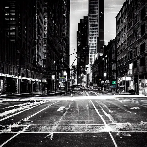 Image similar to highly detailed photo of abandoned New York city street at night after the war between humans and AIs, film grain, soft vignette, Canon EOS Digital Rebel XTi, 100-300mm Canon f/5.6, Exposure time: 1/160, ISO 400