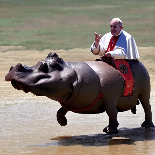 Prompt: pope francis rides a hippo against the army of mordor, ultra realistic