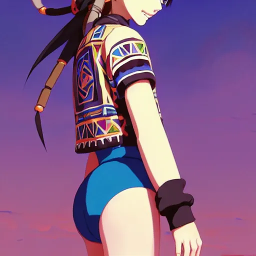 Image similar to beautiful boyish natalie portman gravure model in majora's mask, wearing big mayan bomber jacket with overalls and leotard, big bomber jacket with subtle mayan patterns, aztec bathing suit, gapmoe yandere grimdark, trending on pixiv fanbox, painted by greg rutkowski makoto shinkai takashi takeuchi studio ghibli, akihiko yoshida