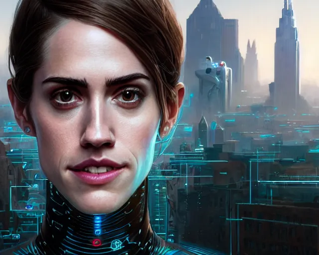 Image similar to highly detailed portrait of allison williams as an android, in detroit : become human, stephen bliss, unreal engine, fantasy art by greg rutkowski, loish, rhads, ferdinand knab, makoto shinkai and lois van baarle, ilya kuvshinov, rossdraws, tom bagshaw, global illumination, radiant light, detailed and intricate environment