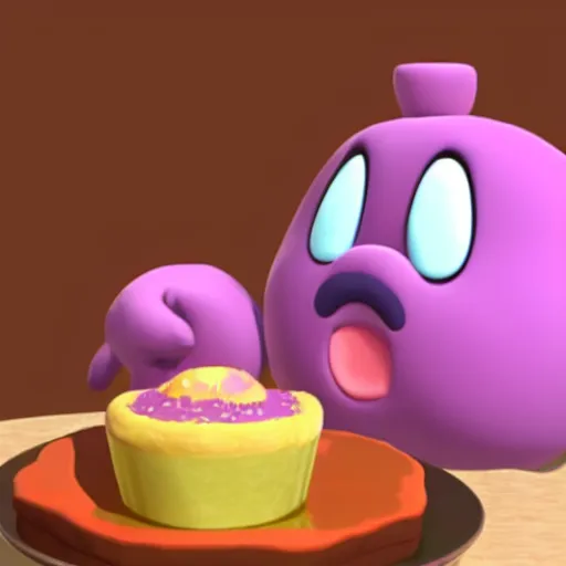 Image similar to a 3 d render of a morbidly obese kirby eating cake