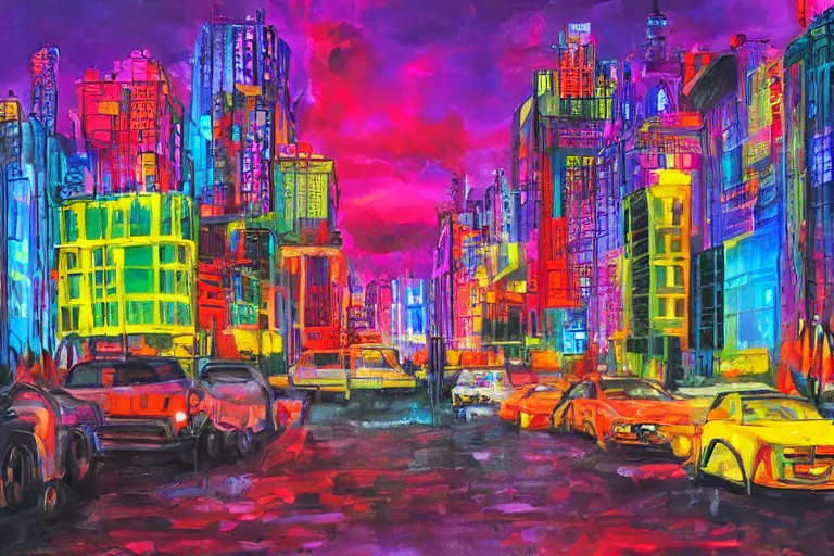 Image similar to surreal colorful nightmarish cityscape