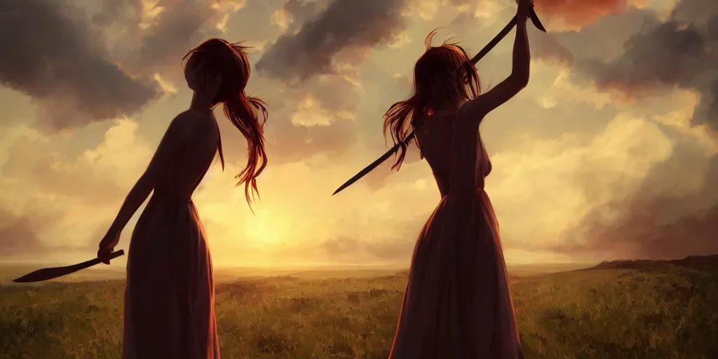 Prompt: back shot of one beautiful girl in sundress gazing back, holding two swords, digital art by wlop. artstation contest winner, cinematic paint. lower shot. dramatic cloud in background. sunset