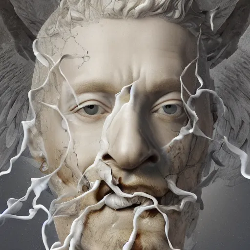 Prompt: realistic digital painting of a stunning intricate cracked white marble falling angel with face of an piero angela open mouth bernini sculpture, trailing white vapor, mycelium stands and misty xparticles neutral tone background, trending on artstation, hyperrealism, matte painting, subsurface scattering