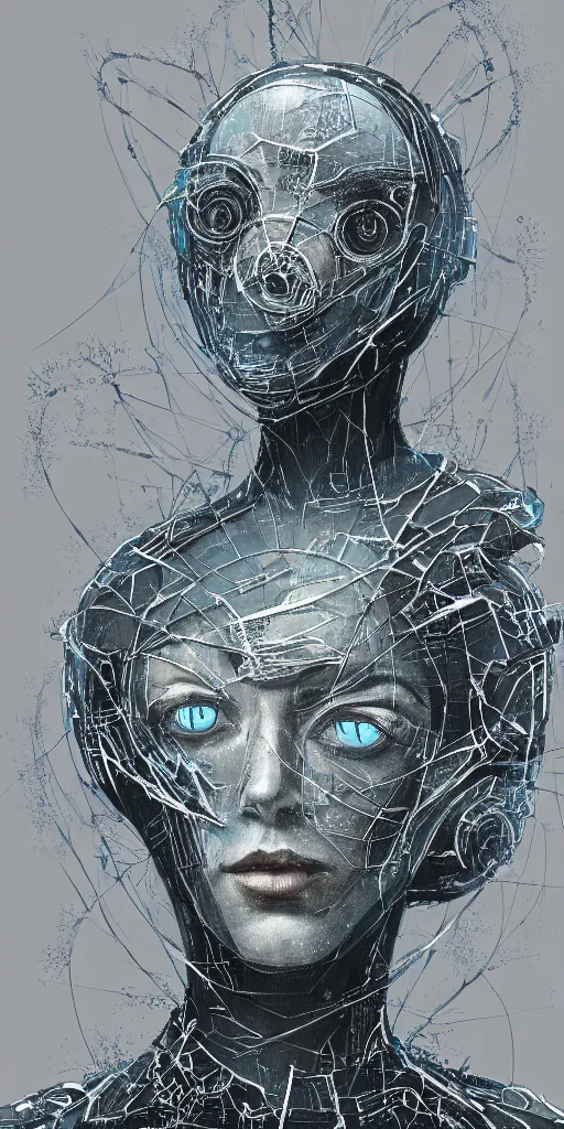 Prompt: concept art of a cybernetic insects life form based on silica crystal, on a rock background, surrounded by spirals of fog, grimy, gritty, trending on artstation, award winning painting, close portrait, cgi, art by carne griffiths and charles gwathmey