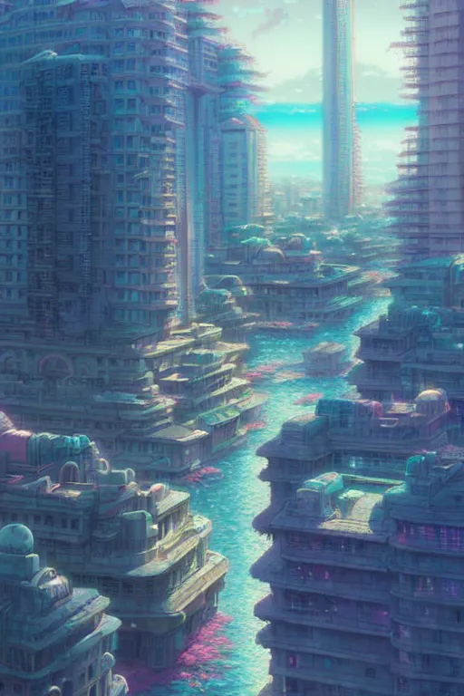 Prompt: vaporwave city, exquisite details, denoised, mid view, by artsation, greg rutkowski, makoto shinkai, takashi takeuchi, studio ghibli