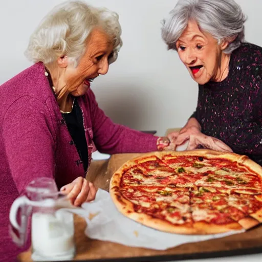 Prompt: grandmas fighting over who can eat the pizza