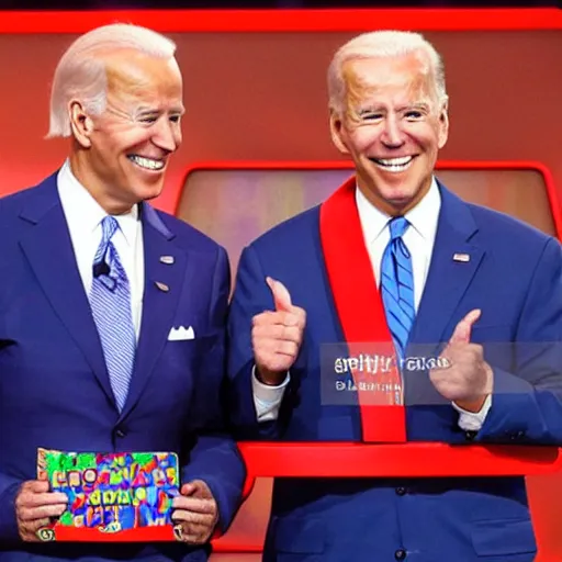 Prompt: Photographs of Joe Biden as a contestant on the Price is Right game show