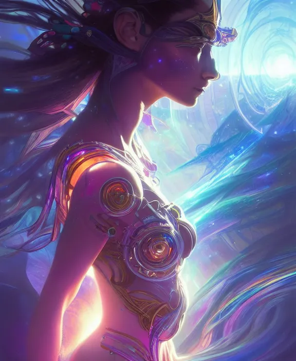 Image similar to a whirlwind of souls rushing inside the metaverse, half body, glowin eyes, tiara with sapphire, pharaoh, android, cyberpunk, d & d, fantasy, intricate, elegant, highly detailed, colorful, vivid color, digital painting, artstation, concept art, art by artgerm and greg rutkowski and alphonse mucha and ruan jia