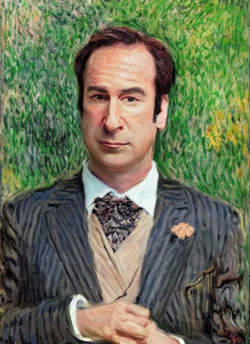 Image similar to a detailed professionally - done promotional oil portrait of saul goodman by claude monet