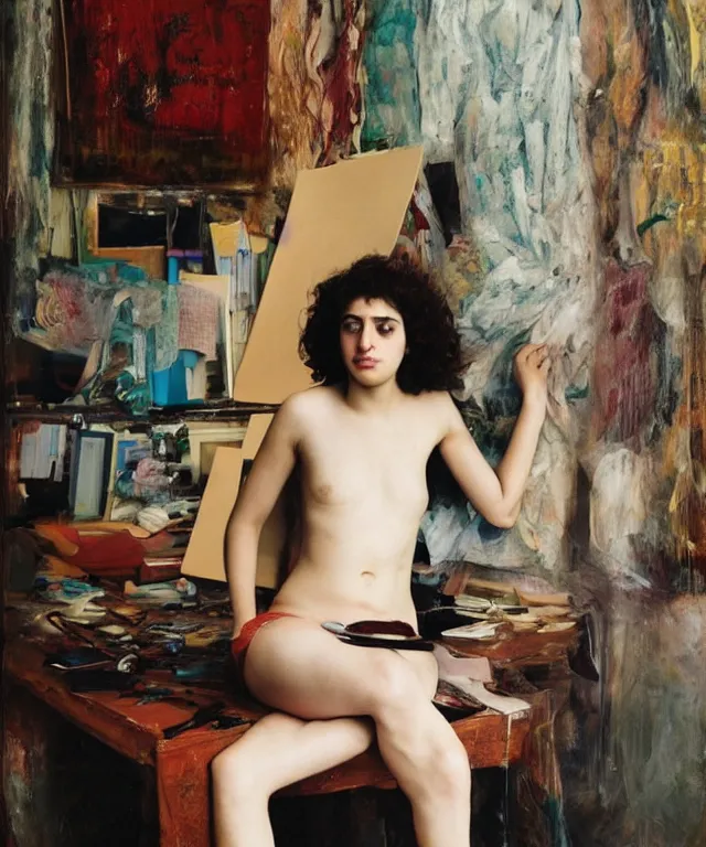 Image similar to a color photograph of persian young woman in her workplace, by nan goldin, out of place, intense, bold, exaggerated, over proportion, painted over by jenny saville, hyperrealistic, ultra sharp, extra details, ultra high quality,