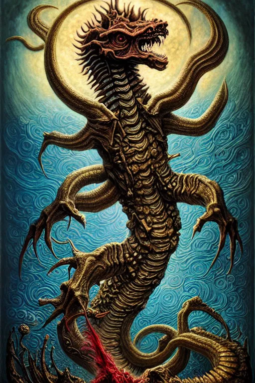 Image similar to A beautiful detailed grotesque godness monster super cute tarot card, by tomasz alen kopera and Justin Gerard, symmetrical features, ominous, magical realism, texture, intricate, ornate, royally decorated, mechanic, skeleton, whirling smoke, embers, red adornements, blue torn fabric, radiant colors, fantasy, trending on artstation, volumetric lighting, micro details, 3d sculpture, ray tracing, 8k, anaglyph effect, digital art