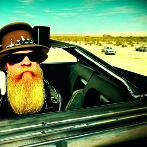 Prompt: ZZ Top sitting in back of a pickup truck bed in Mad Max Road Warrior, interior, screenshot, cinematic Eastman 5384 film