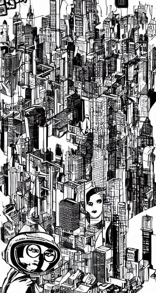 Image similar to cypherpunk fashion illustration, camera face, black and white and red, manga, city street background with high tall buildings, central park, abstract landscape, diane arbus, highly detailed, finely detailed, shadows realism