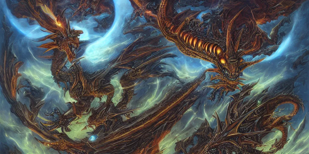 Prompt: evil cosmic demon alien dragon demigods flying through outer space consuming earth, dan seagrave art