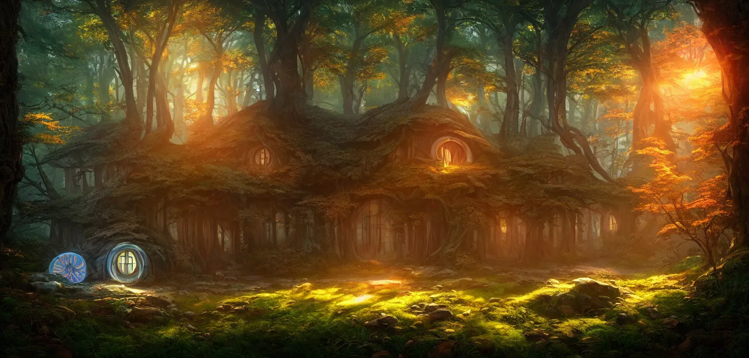 Image similar to random mystic forest house landscape, big round glowing multicoloured portal house, central symmetrical composition, incredible, vector art, octane render, fabulous, hyper detailed, random cinematic view, no noise, global illumination, warm lighting, volumetric, godrays, vivid, beautiful, by jordan grimmer