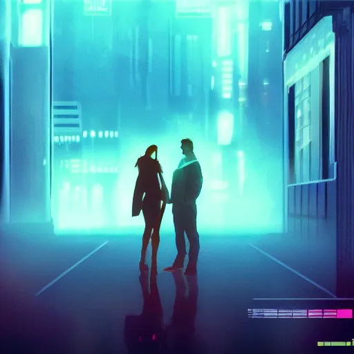 Prompt: wide aspect, retro, cyberpunk, with fog, with neon lights, cinematic, couple, digital art, high resolution