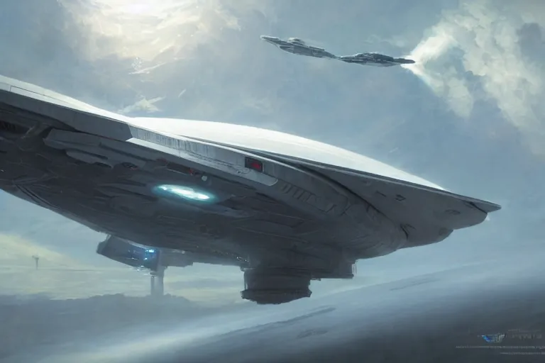 Image similar to hyper realistic sci - fi matte concept art painting of a starship above earth, beautiful details, strong composition painted by kim jung guweta studio rutkowski, james gurney and greg rutkowski, and lucasfilm, smooth, intricate, detailed, sharp focus, cinematic