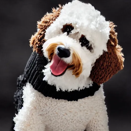 Image similar to a closeup photorealistic photograph of a cute smiling knitted bernedoodle judge dog dressed in a black gown, presiding over the courthouse. indoors, professional capture, well lit shot. this 4 k hd image is trending on artstation, featured on behance, well - rendered, extra crisp, features intricate detail, epic composition and the style of unreal engine.