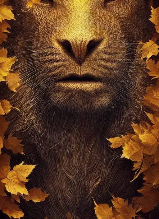 Image similar to golden leaves at frame border, creative!!! composition for a book cover, absurdly beautiful, ultrafine hyperrealistic detailed animal face by wlop and artgerm and greg rutkowski, intricate linework, sharp focus, smooth, unreal engine, dramatic lighting, ethereal, 8 k