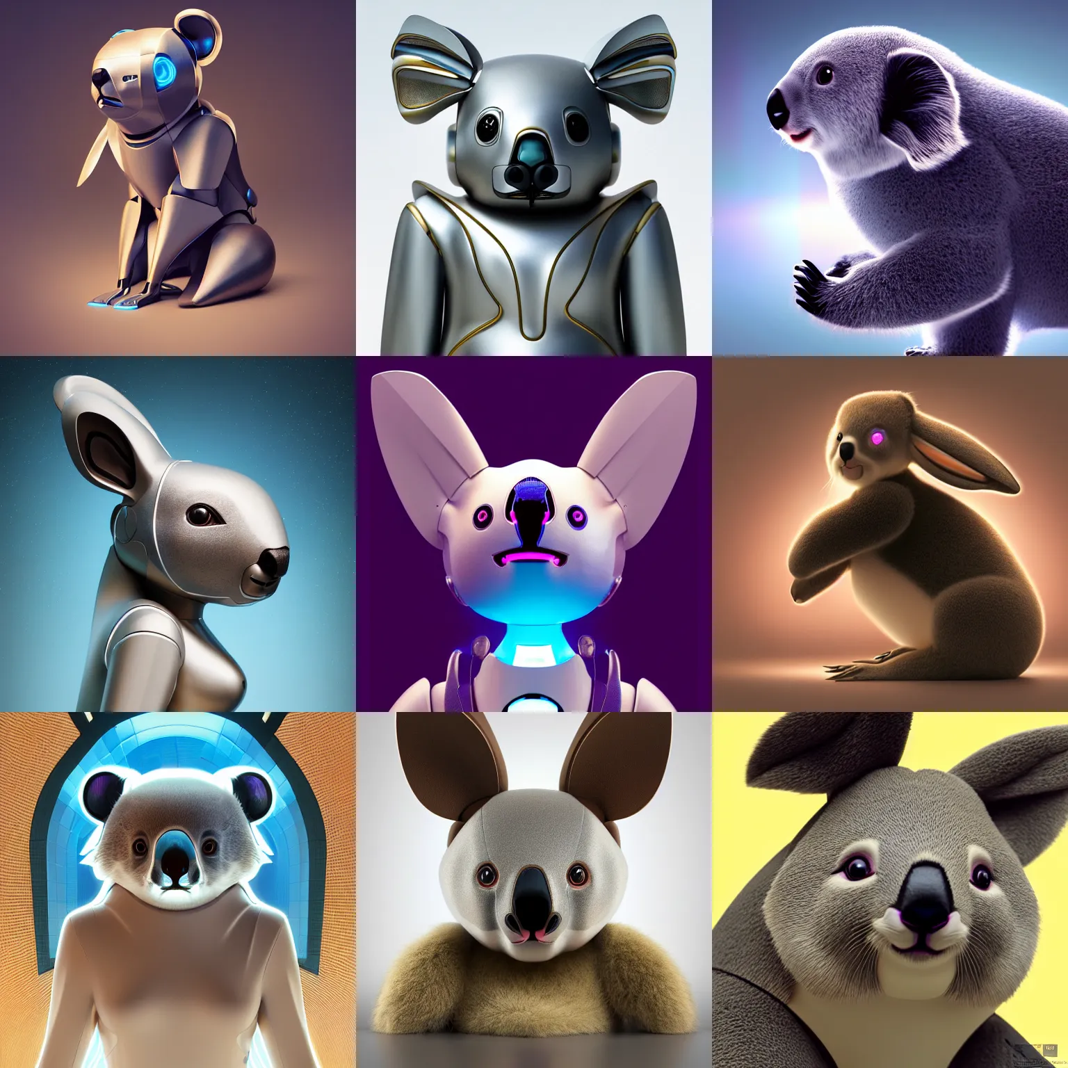 Prompt: product photo of a futuristic stylized pet robot, koala otter bunny mix, kindchenschema, large ears, large tail, by artgerm and greg rutkowski and marc newson and zaha hadid, alphonse mucha, zaha hadid, side view, volumetric light, detailed, octane render, midsommar - t