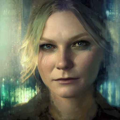 Image similar to kirsten dunst, hyperrealistic portrait, bladerunner street, art of elysium by jeremy mann and alphonse mucha, fantasy art, photo realistic, dynamic lighting, artstation, poster, volumetric lighting, very detailed face, 4 k, award winning