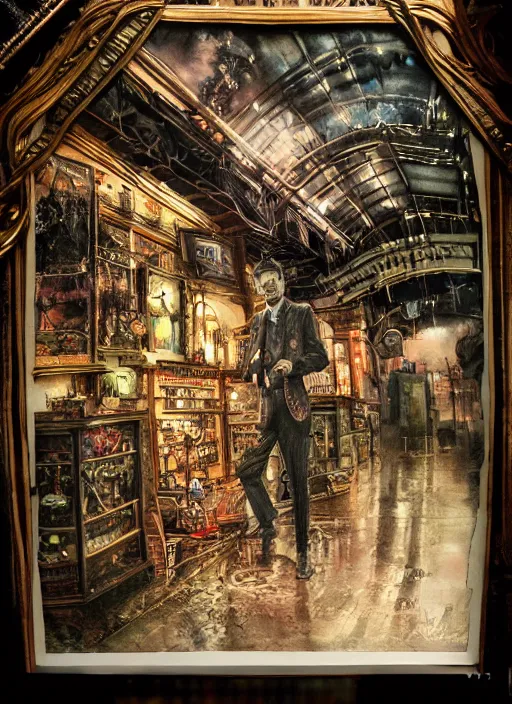 Image similar to portrait, Mr Magoriums Wonder Emporium, watercolor, dramatic lighting, cinematic, establishing shot, extremely high detail, foto realistic, cinematic lighting, pen and ink, intricate line drawings, by Yoshitaka Amano, Ruan Jia, Kentaro Miura, Artgerm, post processed, concept art, artstation, matte painting, style by eddie mendoza, raphael lacoste, alex ross