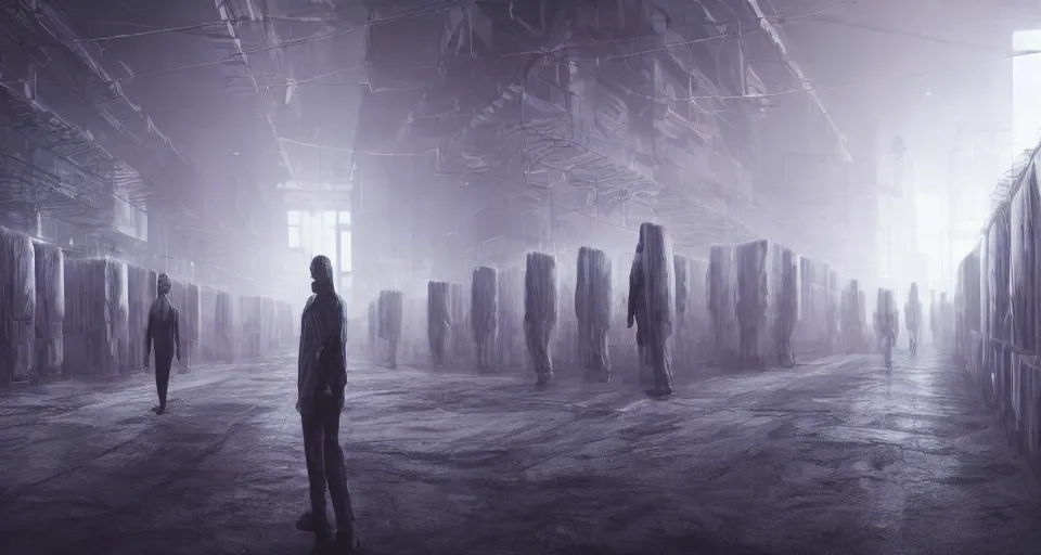 Image similar to illustration of rows of limp human bodies growing like fruit on display in a cold warehouse, refrigerated storage facility, rolling fog, cyberpunk, dystopian, dramatic lighting, unreal engine 5, colorful