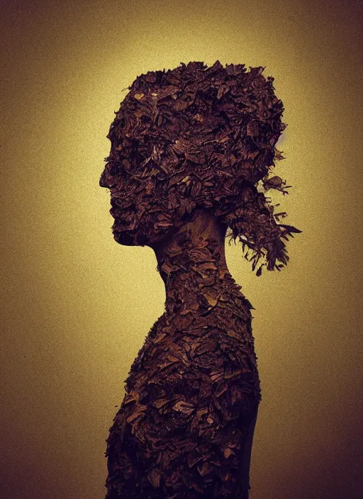 Image similar to a woman's face in profile, made of dried leaves, in the style of the dutch masters and gregory crewdson, dark and moody