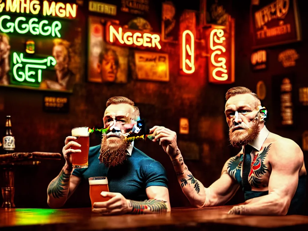 Image similar to a well framed portrait of conor mcgregor drinking a beer and smoking a cigar in an irish pub with a neon bar, trending on art station, in the style of the movie heat, volumetric lighting & shadows, hyper detailed, digital art, unreal engine, 4 0 0 mm f 1. 8,