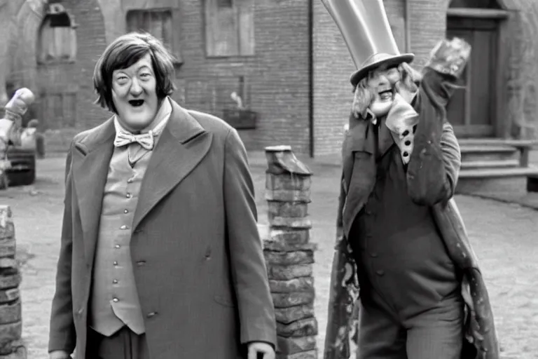 Image similar to Film still of Stephen Fry as Willy Wonka in Willy Wonka and the Chocolate Factory 1971