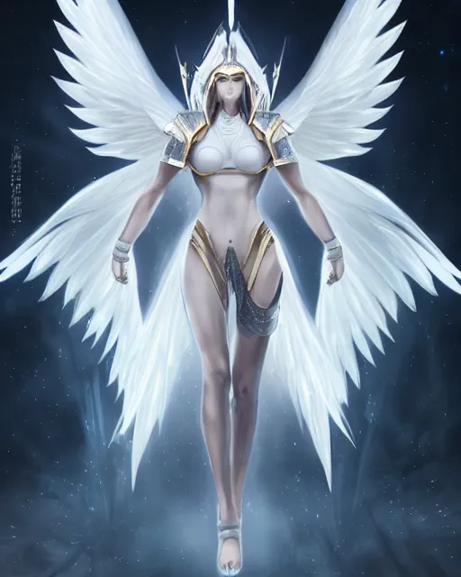 Image similar to perfect white haired attractive egyptian goddess with huge white dove wings, warframe armor, beautiful, symmetric, dreamy, half asian, pretty face, blue eyes, detailed, scifi platform, laboratory, experiment, 4 k, ultra realistic, epic lighting, android body, illuminated, cinematic, masterpiece, art by akihito tsukushi, voidstar, livia prima