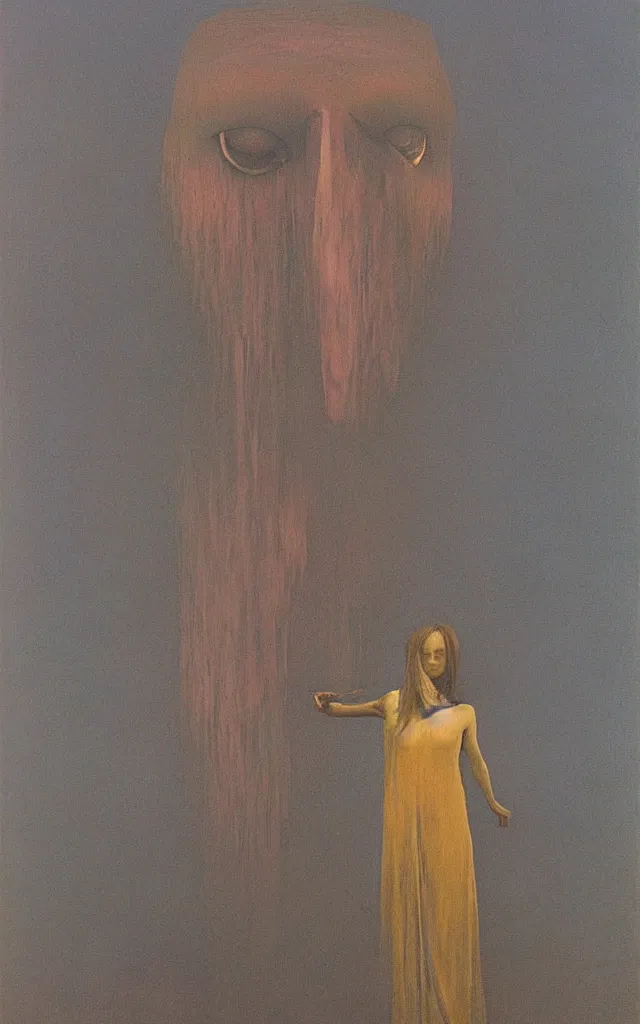 Prompt: iridescent spirit of desire and fear cruel beautiful spirit (androgynous) with golden eyes lunar mythos ambient fog, award winning oil painting by Zdzisław Beksiński, distinct color palette