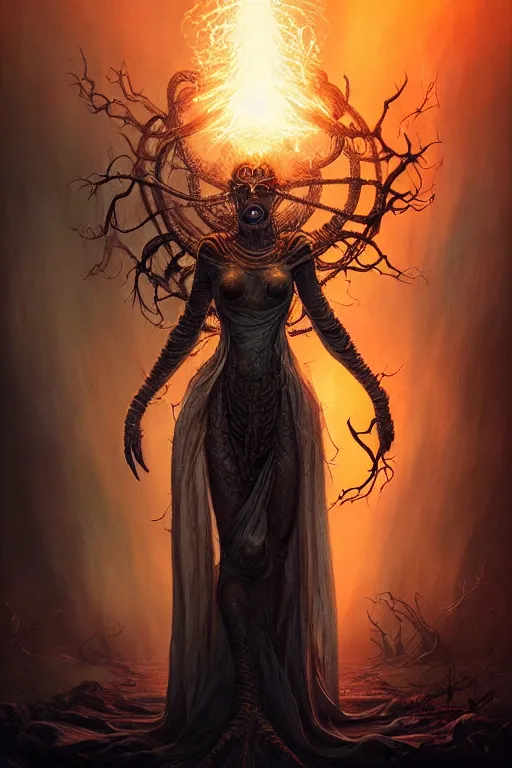 Image similar to Beautiful Eldritch Goddess of Nuclear Explosions, digital art, fantasy, magic, trending on artstation, illustration by Seb McKinnon and Peter Mohrbacher, ultra detailed, atmospheric, Radioactive Armor