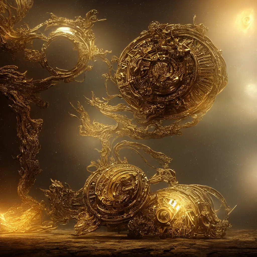 Image similar to digital time machine in latent space, sliver and gold mechanical fantasy, intricate, elegant, highly detailed, digital painting, concept art, smooth, sharp focus, illustration, divine realm of gods, realistic cinematic style, filmed in 70mm, volumetric lighting, octane render, photographic, concept art, artist Leonardo DaVinci, unreal engine 8k