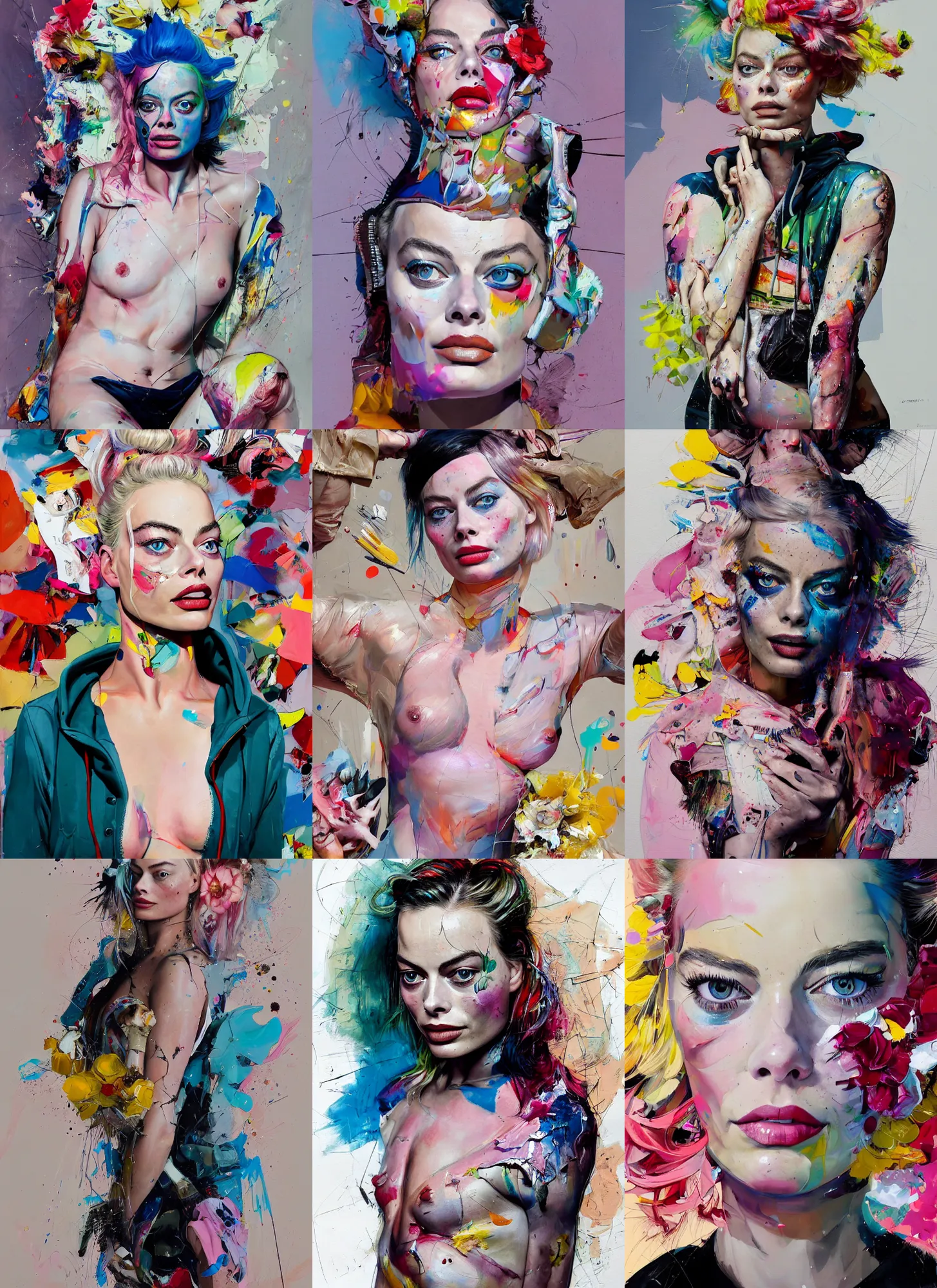 Prompt: margot robbie in the style of martine johanna and! jenny saville!, wearing a hoodie, standing in a township street, street fashion outfit, haute couture fashion shoot, mascara, full figure painting by john berkey, david choe, ismail inceoglu, decorative flowers, 2 4 mm, die antwoord ( yolandi visser )