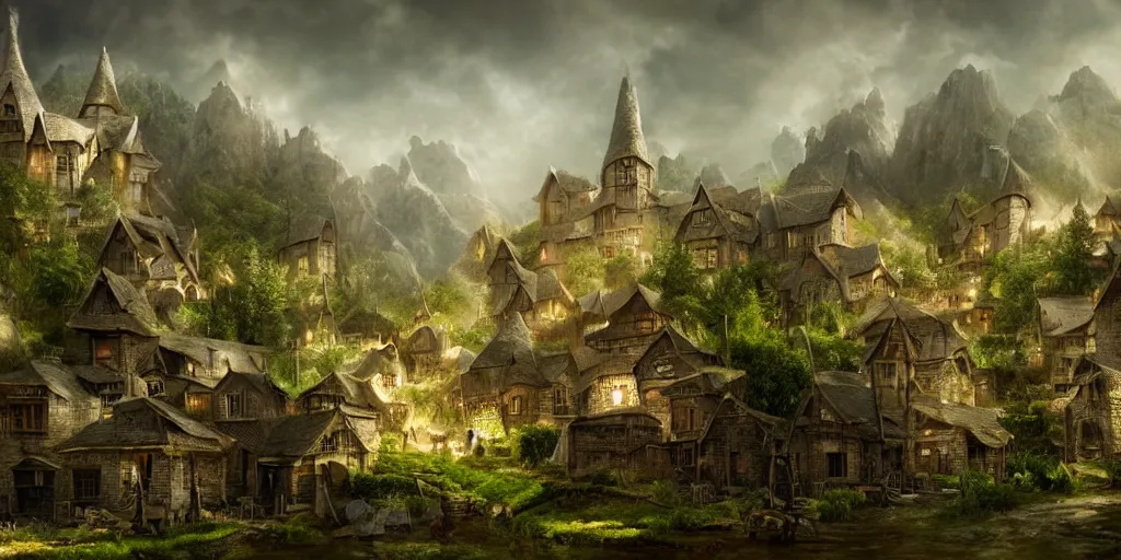 Prompt: beautiful matte painting of a fantasy village by weta workshop 4 k, cinematic dramatic atmosphere, dramatic lighting